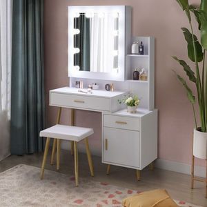 2-Drawer 1-Door 2-Shelf Mirror Cabinet with 3-Light Bulbs Particleboard Triamine Veneer White <b>Dressing</b> Table Set Makeup Vanities - Product Image 6