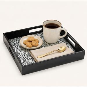 Plateau de service rectangulaire en bois noir fait main avec incrustation de mosaïque en nacre, design luxueux, pour la décoration de l'hôtel et de la maison - Product Image 2
