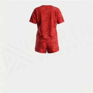 Women's <b>Red</b> Printed 2 Piece Shorts Set Short Sleeve Crew Neck Loose Fit Knitted Sportswear Casual Spring Summer Above Knee - Product Image 2
