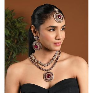 Parure de bijoux indiens plaqués or en alliage avec perles d'imitation, collier et boucles d'oreilles pour femme, design Rani Haar, motif floral, pour mariage - Product Image 1