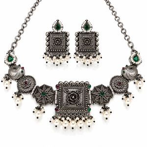 ชุดสร้อยคอและต่างหูแบบโบฮีเมียนสำหรับผู้หญิงจาก ARTS JEWELS ทำจากสแตนเลสสตีลชุบทองสองสี ประดับมุกหยดน้ำและหยก ดีไซน์ลายดอกไม้ - Product Image 4