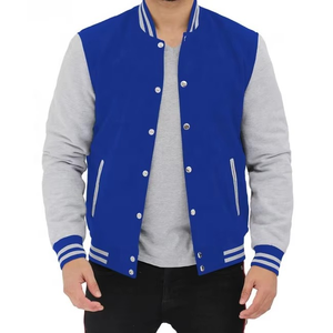 Veste universitaire bleu-gris pour homme, col rabattu, fermeture boutonnée, coupe classique, style décontracté d'automne, doublure en polaire - Product Image 1