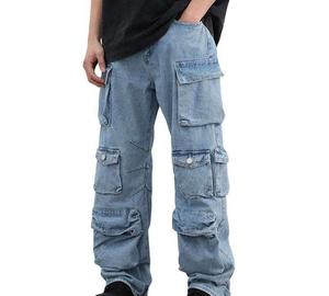 Pantalon cargo en denim délavé coupe droite pour homme, plusieurs poches, taille élastique, style workwear, poids moyen, tissu 100% coton tissé - Product Image 1