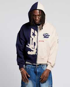Sweat-shirt à capuche zippé bicolore pour homme, en molleton, avec poche, logo personnalisé, streetwear d'hiver - Product Image 1