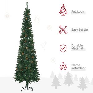 Albero di Natale Artificiale in Pino Sottile da 2,3 Metri con Rami Realistici e Pigne, Base in Metallo, Stile Matita Verde - Product Image 4