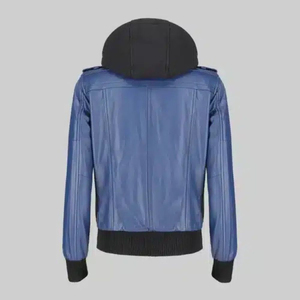 Veste en cuir bleue pour femme avec capuche amovible, vêtement d'extérieur élégant et décontracté, style vintage streetwear, veste en cuir pour femme - Product Image 3