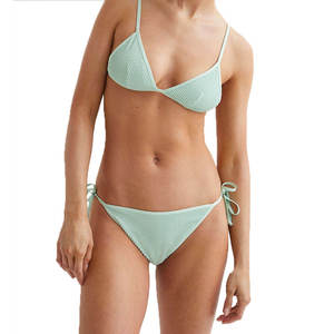 Professional Manufacturer Top Stylish Customized Design Women Solid Mint Green Ribbed Tie Side <b>Bikini</b> Spandex/Polyester Thongs - Product Image 1