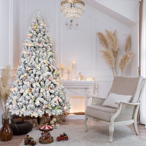 Albero di Natale floccato da 180 cm con 350 luci colorate certificate UL, 36 coni di pino naturali e 888 punte in PVC effetto neve, rami incernierati - Product Image 1