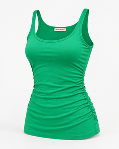 Women Ruched Ribbed <b>Knit</b> <b>Tank</b> <b>Top</b> Scoop Neck Camisole Print Breathable Eco-Friendly Slim Fit Casual Tee Front Logo - Product Image 4