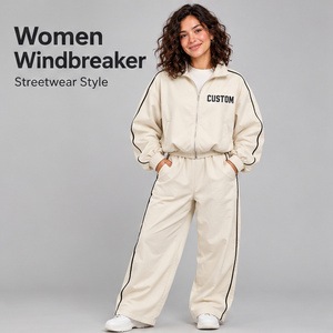 Ensemble de survêtement coupe-vent crème pour femme avec veste zippée à passepoil noir et pantalon large – Édition optimale Streetwear et Sportswear décontracté - Product Image 1