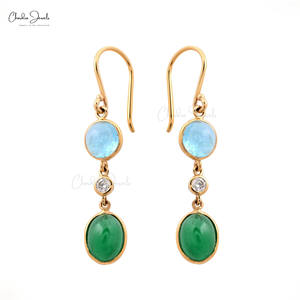 Pendientes de Oro Amarillo Fino de 14k con Esmeralda y Aguamarina Auténticas, Engastados con Diamantes, Diseño de 3 Piedras Colgantes, Disponibles en Stock - Product Image 1