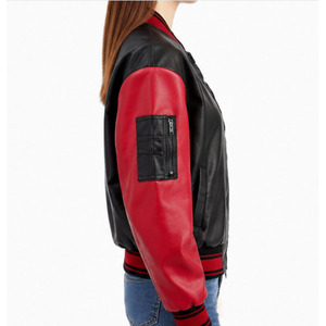 <b>Women's</b> Black & Red Real Leather Varsity Bomber <b>Jacket</b> | Casual Zip-Up Baseball <b>Jacket</b> | OEM ODM Custom Wholesale - Product Image 3