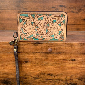Turquoise and Brown <b>Tooled</b> Leather Wallet for Women Vintage Long Wallet With Floral Boho Purse for Ladies Custom Gift for Her - Product Image 3