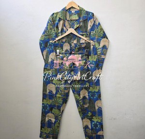 Handmade Summer Cotton Pajama Set for Women Comfortable Long Sleeve Button-<b>Down</b> Top Matching Trousers Breathable Eco-Friendly - Product Image 3