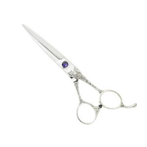 Ciseaux de coiffure professionnels en acier inoxydable, lame tranchante, pour droitiers, manche long avec design décoratif en pierre précieuse violette - Product Image 1