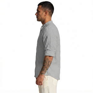 Chemise Homme Personnalisée en Lin Mélangé Bleu Clair, Col Mandarin, Manches Convertibles, Bouton, Poche Poitrine, Tissu Respirant, Printemps - Product Image 4