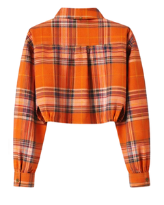 Camisa Corta a Cuadros Naranja Personalizada para Mujer, Cuello Camisero, Manga Larga, Botones, Blusa Casual de Moda, Proveedor OEM - Product Image 5