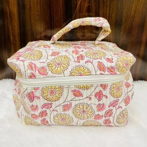 Floral Embroidered Cosmetic <b>Case</b> with Zipper Closure Soft Handle Medium Size Textile Makeup Bag Lovely Style - Product Image 2