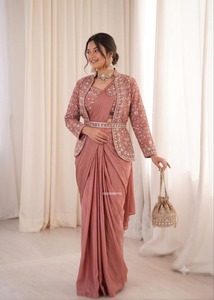 Designer Ready to Wear Saree Set Heavy Satin Saree with Embroidered Blouse Satin Saree with Designer <b>Jacket</b> for <b>Womens</b> at Best - Product Image 6