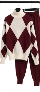 Women's Argyle Knit <b>Sweater</b> Set <b>Turtleneck</b> Long Sleeve Loose Fit Casual Wool Two Piece Winter Wear - Product Image 6