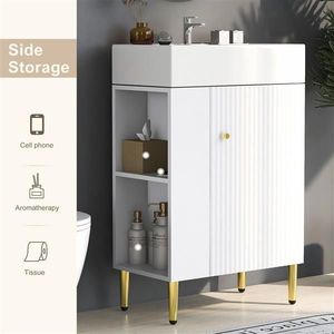 Mobile Bagno Impermeabile Bianco da 21.6'' con Lavabo Singolo in Ceramica e Mobiletto Contenitore a Sinistra, Specchio Integrato, Ideale per Hotel - Product Image 5
