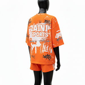 Conjunto de camiseta y pantalones cortos para mujer, algodón premium de rizo 220 GSM, color naranja suave, panel lateral con cinta, logotipo personalizado, conjuntos para mujer - Product Image 5