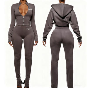 Women's Custom Logo Fashionable Tracksuits Sweatsuits Embroidered Sport Pants Zipper Hooded Long Sleeved Top Two Piece <b>Set</b> Women - Product Image 2