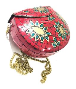 Handcrafted Red Stone Mosaic Evening Purse Elegant <b>Clutch</b> Bag with Metal Frame for Weddings, Parties, and Special Occasions - Product Image 4