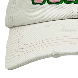 AKA White Distressed Denim Hat Pink Embroidered Letter Baseball <b>Cap</b> Adjustable Washed Denim Headwear Casual Fashion <b>Vintage</b> - Product Image 2