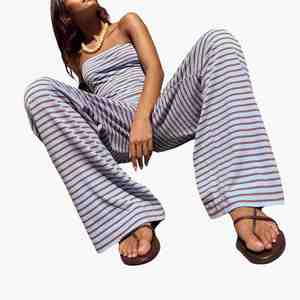Custom Design Striped Knitted Two-Piece <b>Set</b> Sleeveless Top Loose Fit Full Length Pants Women's Spring Summer Wear Lounge <b>Sets</b> - Product Image 4