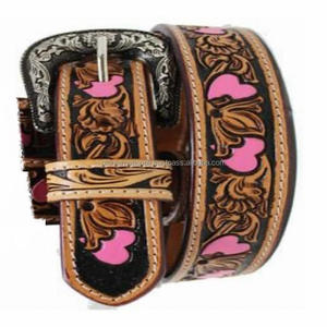 Premium Brown Leather Floral <b>Engraved</b> Colorful Western Leather <b>Tooling</b> Belt for Unisex Available at Factory Wholesale Price - Product Image 3