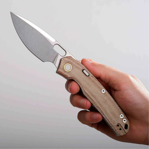 Navajas Plegables con Hoja de Acero Stonewashed Tipo Drop Point, Empuñadura Texturizada Marrón, Orificio para el Pulgar, Cierre de Botón para Uso en Exteriores - Product Image 4
