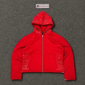 Sudadera con capucha roja con cremallera y pedrería, estilo oversize, streetwear, con brillo personalizado, cremallera completa, moda casual, unisex, en oferta. - Product Image 5