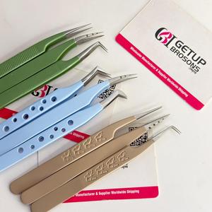 Ensemble de pinces à cils professionnelles droites/90°/à embout, en acier inoxydable, outils de précision, poignées colorées vertes, bleues, beiges, antidérapantes - Product Image 6