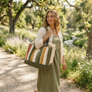 Multi Stripe Cotton <b>Canvas</b> Vintage Tote Bag Eco Friendly Large Capacity Custom Size Olive Green Trim Shoulder Handbag Reusable - Product Image 1