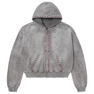 Sudadera con capucha y cremallera para mujer, estilo vintage, con pedrería y detalles de tachuelas, lavada y personalizable – Chaqueta streetwear corta - Product Image 1