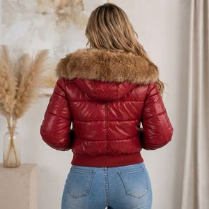Veste en cuir matelassée pour femme avec col en fausse fourrure de renard - Manteaux en peau d'agneau de luxe S-XXL Manteau de luxe - Product Image 6