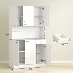 Aparador de Cocina Independiente Blanco de 71 Pulgadas con Vitrina, 6 Gabinetes de Almacenamiento, 3 Estantes Ajustables y Cajón - Product Image 3