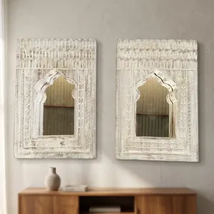 Miroir mural en bois vintage, finition blanche vieillie, miroir rectangulaire décoratif à suspendre pour salon, entrée - Product Image 6