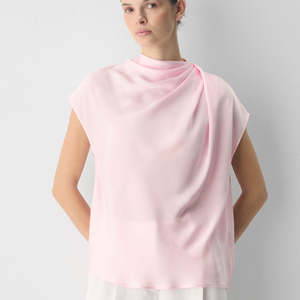 Blusa de mujer sin mangas con cuello drapado, top de lujo de verano de ajuste holgado, tejido elástico, prenda exterior de lujo con cuello alto y manga corta. - Product Image 1