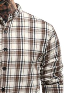 Camisa a cuadros beige y marrón para hombre, con cuello de banda, de algodón y poliéster, manga larga, con botones, para venta al por mayor, OEM, exportación. - Product Image 2