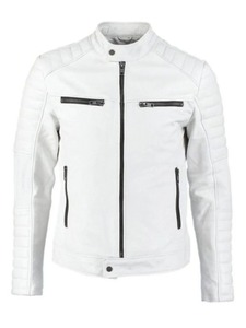 Chaqueta de Motocicleta de Cuero Blanco Acolchada para Hombre, Modelo FJM007 - Product Image 1
