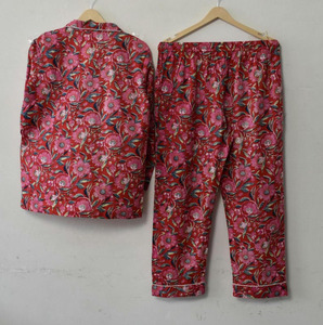 Ensemble de vêtements de nuit en coton imprimé floqué, pyjama floral Jaipur, ensemble de pyjama pour femmes, pur coton, vêtements de nuit doux, ethnique indien, été élégant - Product Image 4