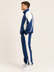 Ensemble de survêtement à capuche pour homme, bleu et blanc, à blocs de couleur, demi-manches, fermeture éclair, style sportif décontracté, respirant, léger, coupe classique - Product Image 3