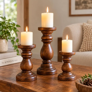 Juego de Portavelas de Madera Hechos a Mano, Decoración Rústica Tallada Estilo Granja (Juego de 3) Por B H Brothers - Product Image 1