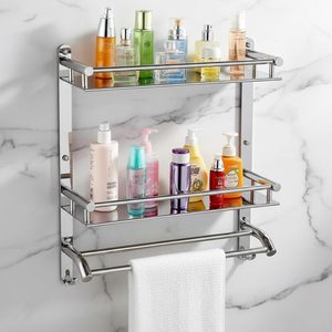 Stainless Steel 2 Tier Bathroom Shelf with Towel Holder Wall Mounted Bathroom Organizer Rack <b>Bath</b> Towel Bathroom Accessories - Product Image 3