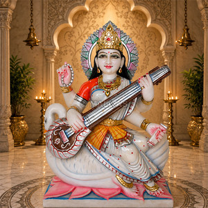 Statue de Saraswati en marbre pour temple |   Déesse Saraswati Murti |   Idole en marbre blanc Veena pour la décoration de la maison et du mandir - Product Image 1