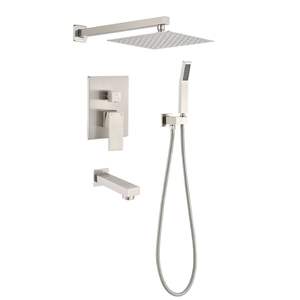 Système de douche pluie mural de luxe en laiton de 10 pouces, finition nickel brossé, ensemble de robinetterie de douche et bain combiné - Product Image 1