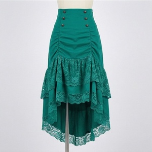 Women High Waist Emerald Green <b>Asymmetrical</b> Lace Skirt Vintage Ruched Ankle-Length Solid Design - Product Image 1
