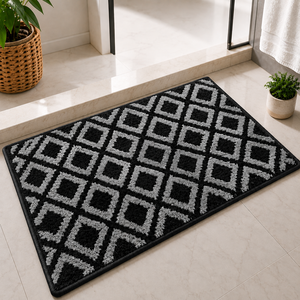 Elegante Tapete de Entrada con Diseño de Rejilla de Diamantes, Combinación Sofisticada en Gris y Plateado, Lavable, de Microfibra Tejida, para Hogar u Oficina Moderna - Product Image 1